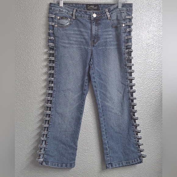Platinum Plush Cropped Jeans With Open Side Rhinestones Size 11 - Picture 1 of 9